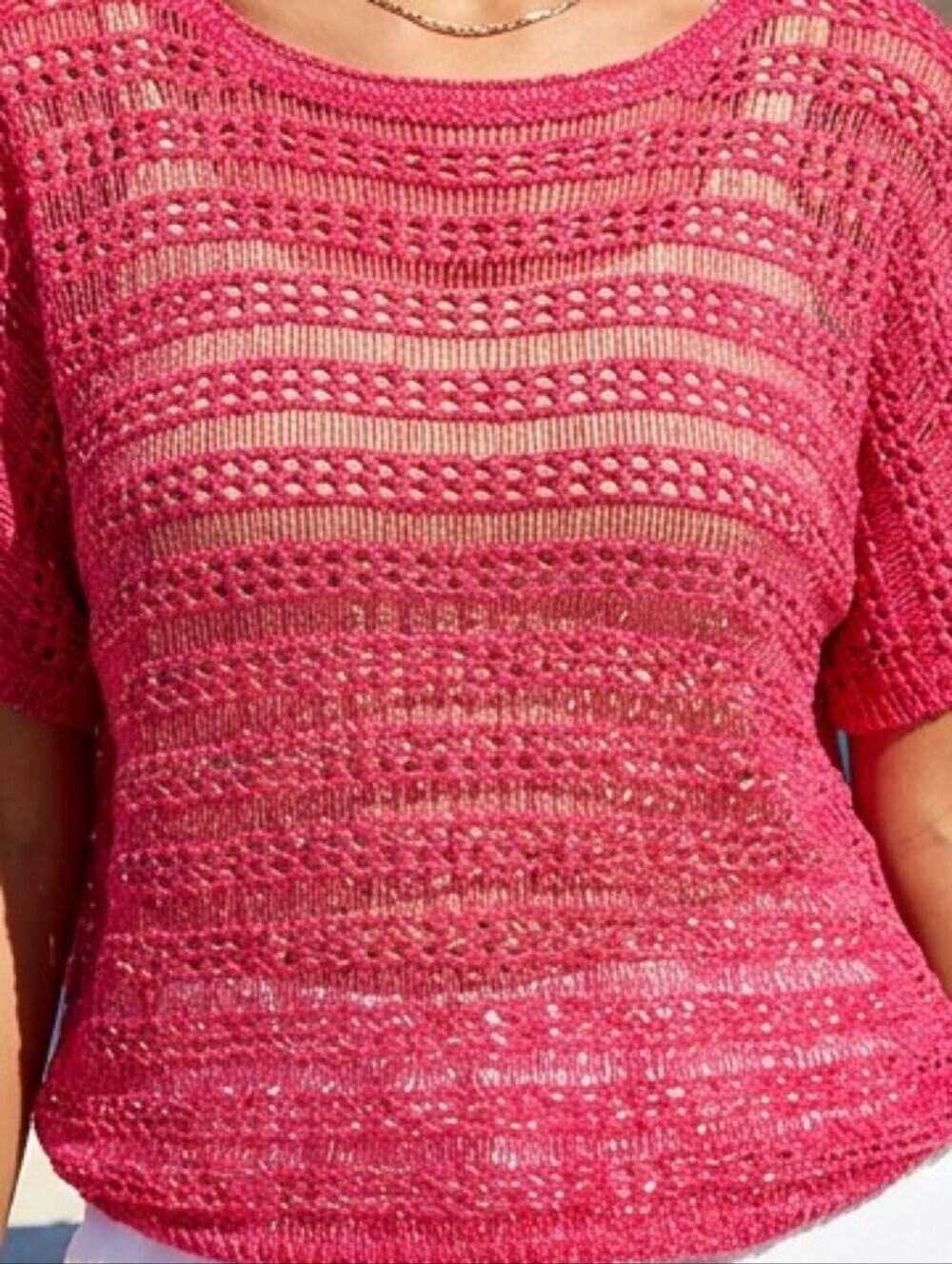 Vintage Y2K Short sleeve Hot Pink Gold Crochet Knit sweater Fairy Core Whimsical